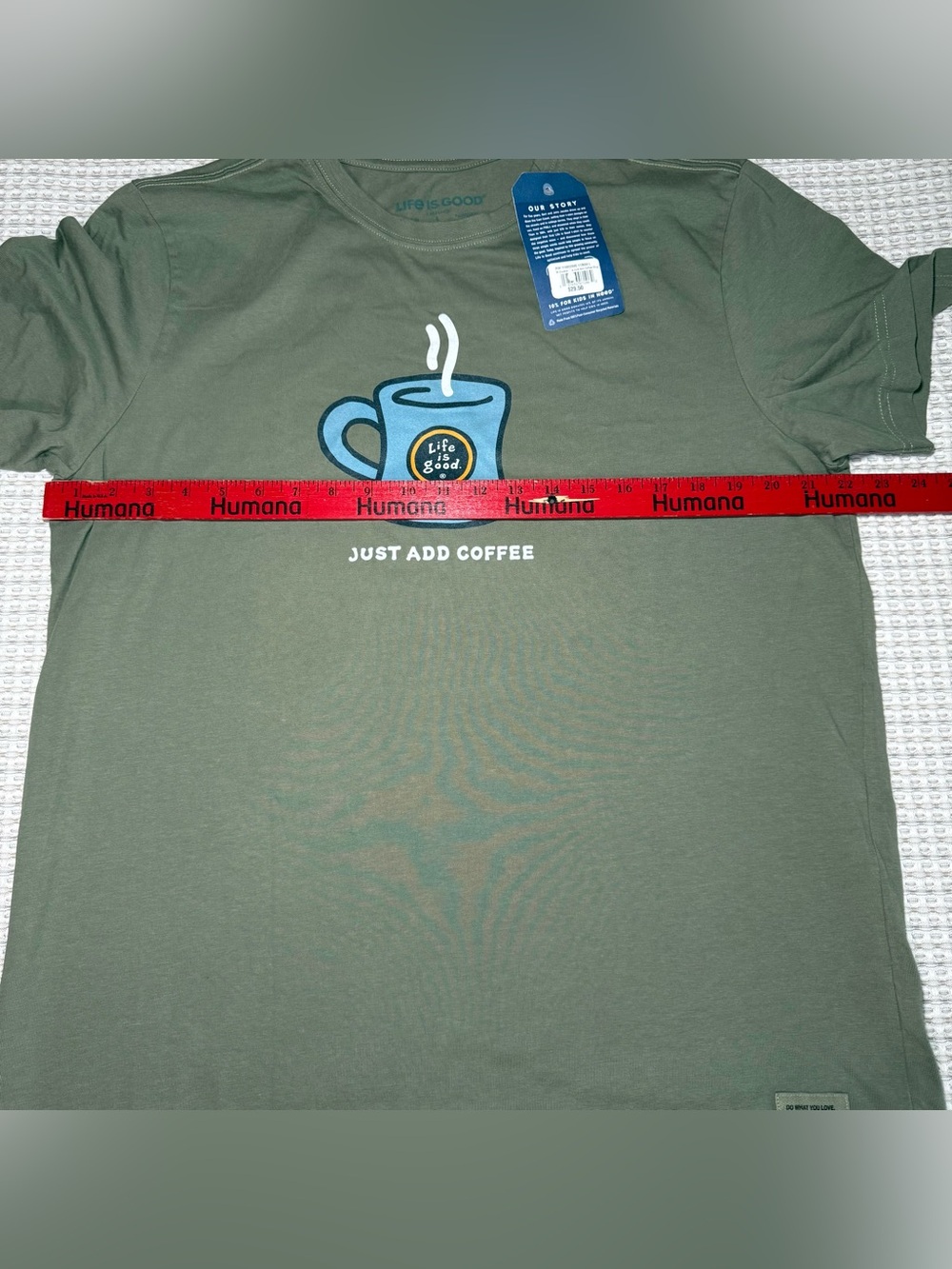 New Life Is Good Crusher Tee Mens Size Large Cotton Green “Just Add Coffee” - Picture 6 of 9